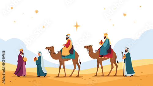 Figures from the nativity story including the three kings and a shepherd walk with camels through a desert landscape under a starry night sky.