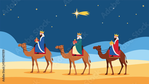 Three Wise Men riding camels across a desert under a bright star in a dark blue night sky for Christmas celebration.