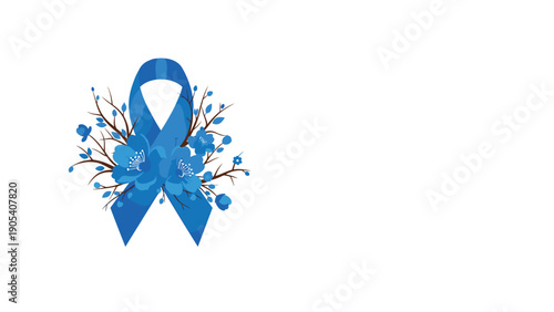 Blue awareness ribbon is beautifully decorated with clusters of blue flowers and branches to create a peaceful and supportive symbol for causes.