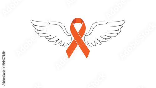 Orange awareness ribbon featuring white wings is a symbol for leukemia, multiple sclerosis, and kidney cancer support for patients and families.