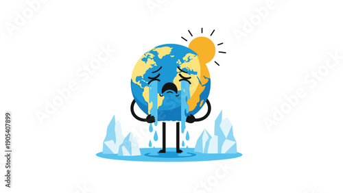 Sad character of the planet Earth is crying over melting glaciers while the hot sun shines in the background to represent global warming issues.