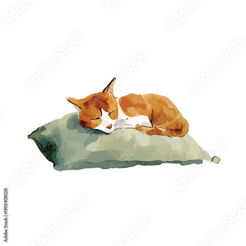 Peaceful Sleeping Cat Watercolor Illustration on Pillow.