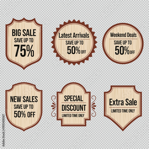 A collection of six vector sale badges and labels with varying shapes and discount offers