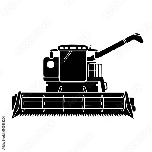 A flat vector graphic illustration depicting a combine harvester machine in a minimal black silhouette