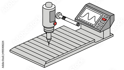 A vector graphic illustration of a CNC milling machine with a control panel and screen