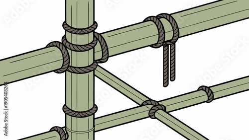 A vector graphic illustration of a bamboo structure with rope bindings and nails