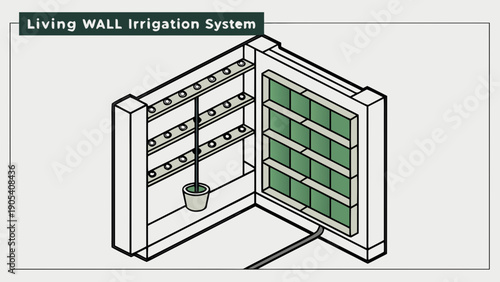 A vector graphic illustration of a living wall irrigation system with green plants