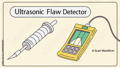 An ultrasonic flaw detector with a probe and display screen is shown in this vector graphic illustration.