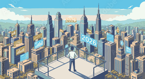 Man Standing on Platform in Cityscape with 2025 Sign.