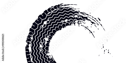 Grunge tire track, wheel braking marks. Truck, car or motorcycle tread pattern silhouette. Auto race, motorsport, speed racing design element. Vector illustration