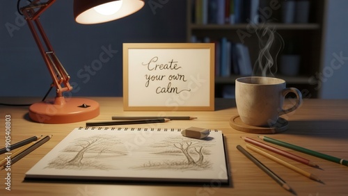 Wallpaper Mural Framed inspirational quote 'Create your own calm' displayed on a wooden desk with art supplies and a steaming coffee cup Torontodigital.ca