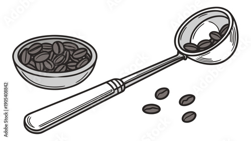 A vector graphic illustration of a scoop and bowl of coffee beans on a white background