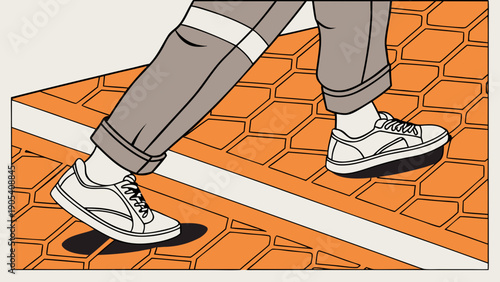 A vector graphic illustration of a person's legs stepping on a caution floor marking