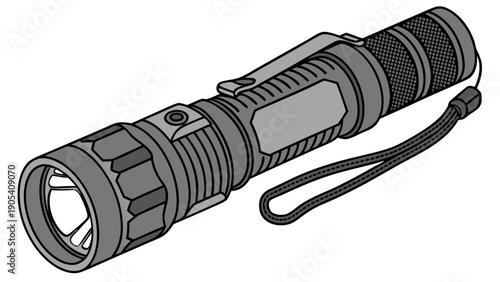 A detailed illustration of a modern flashlight with a wrist strap