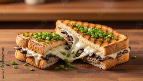 Wallpaper Mural Golden brown grilled mushroom and swiss cheese melt sandwich, oozing with melted cheese and topped with fresh chives Torontodigital.ca