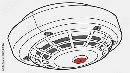 A vector graphic illustration of a smoke detector on the ceiling with a red alert button
