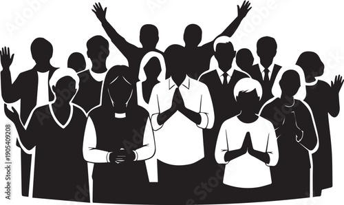 Congregation of people praying and worshipping together silhouette illustration vector art