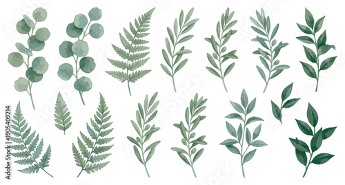 Assorted green botanical leaves and fern branches
