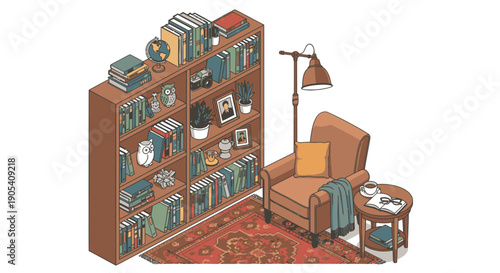 Cozy Reading Nook with Bookshelf and Armchair.