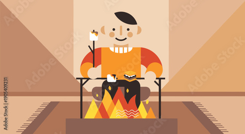 Cartoon Blacksmith Heating Metal on Forge.