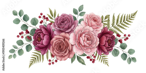 Burgundy and pink rose bouquet with green leaves