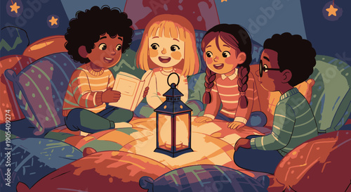 Children gathered around lantern on floor.