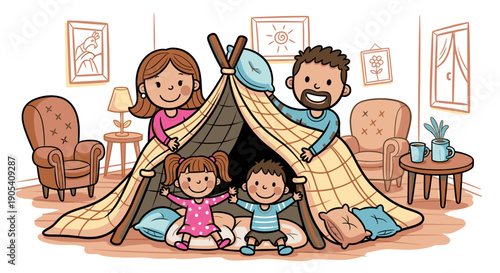 Family Building a Tent Together Inside.