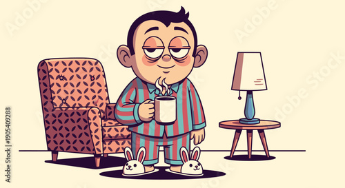 Man Wearing Pajamas Drinking Coffee or Tea.