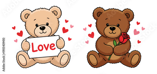 Cute teddy bears holding rose and love sign