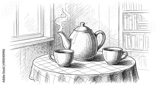 Teapot and Cups on Tablecloth.