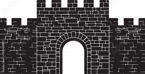 Medieval castle wall vector silhouette illustration showing stone gate and brick patterns