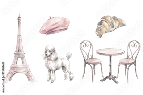 French style icons with poodle and eiffel tower