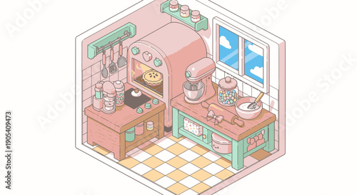 Isometric Kitchen Interior with Appliances and Furniture.