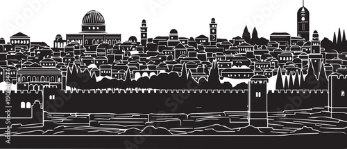 Old city jerusalem landscape silhouette vector illustration with dome and fortress walls