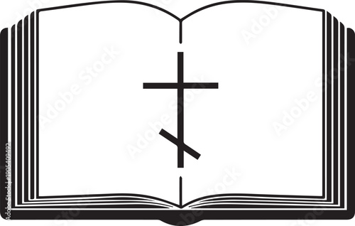 Open holy bible book with orthodox cross symbol silhouette illustration vector line art work