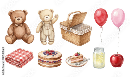 Picnic set with teddy bears cake and accessories