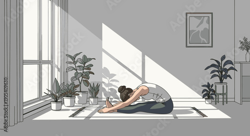 Woman Practicing Yoga in Serene Room.