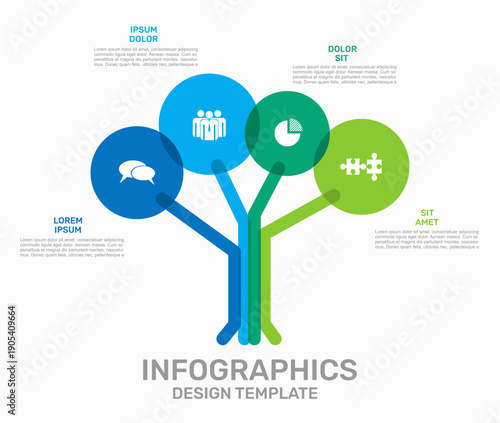 Tree-shaped infographic template with colorful branches and circular nodes containing icons, ideal for hierarchical, modular, or interconnected concepts. Vector illustration.