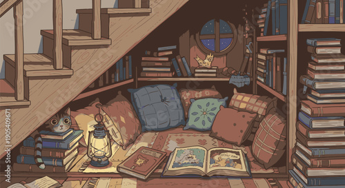 Cozy Reading Nook with Books and Pillows.