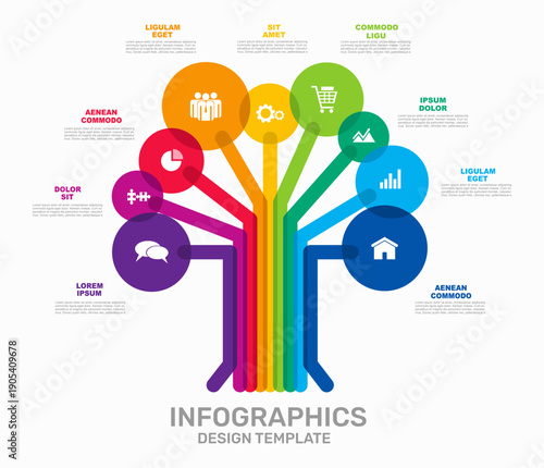 Tree-shaped infographic template with colorful branches and circular nodes containing icons, ideal for hierarchical, modular, or interconnected concepts. Vector illustration.