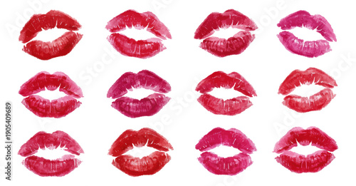 Red pink lipstick kiss marks collection watercolor