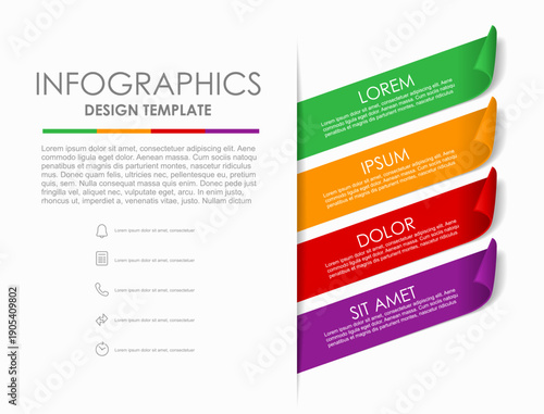 Infographic template with four colorful diagonal ribbons, placeholder text, icon,based sidebar, ideal for step-by-step content, reports, or service features. Vector illustration.
