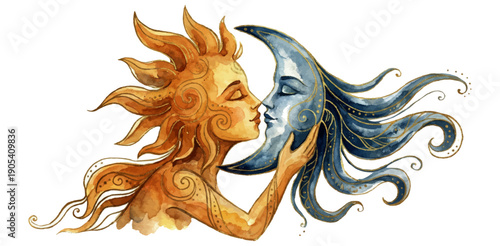 Sun and moon celestial faces watercolor character