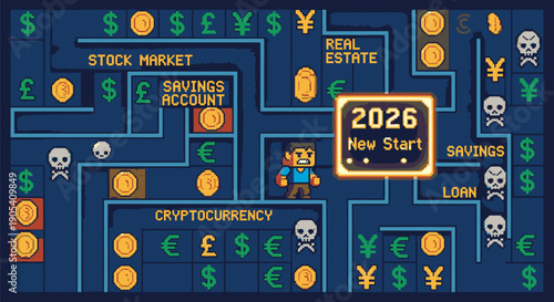 Financial Planning Maze with Currency Symbols and Skulls.