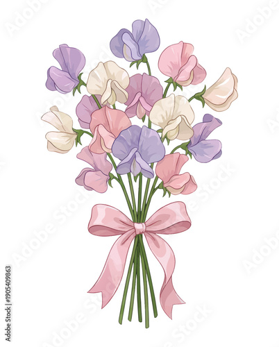 Sweet pea flower bouquet with pink ribbon