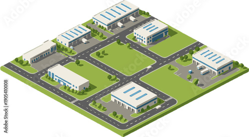 Industrial Park Logistics Center Isometric View Modern Warehouses and Roads Global Supply Chain