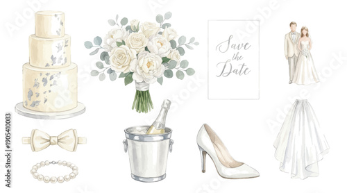 Wedding elements cake bouquet bride groom dress