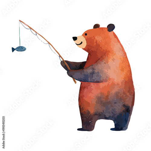 Playful Watercolor Bear Fishing with Rod and Caught Fish Illustration.