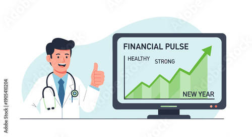 Doctor Approving Financial Growth on Computer Screen.