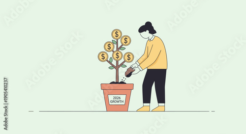 Woman Watering Money Plant in Pot.